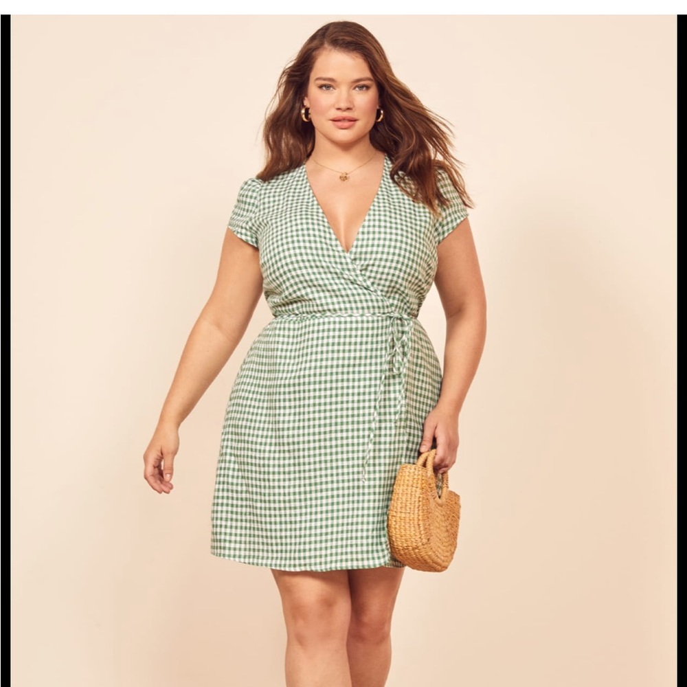 The Reformation Linen Green Gingham Mini Wrap Dress